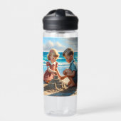 Kinder Gebäude einer Sandburg am Strand Trinkflasche (Vorderseite)