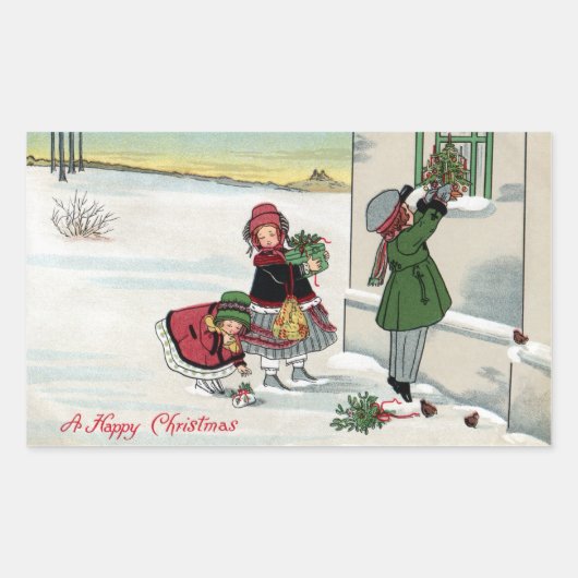 Kinder geben Weihnachtsgeschenke ab Rechteckiger Aufkleber (Vorderseite)