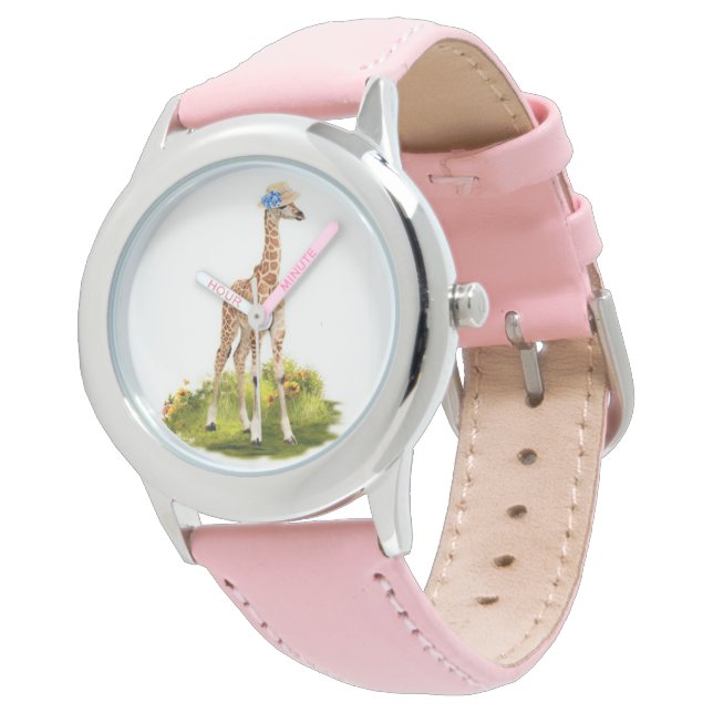 Kinder Giraffe in Blue Blume Hat Pink Watch Armbanduhr (Schrägansicht)