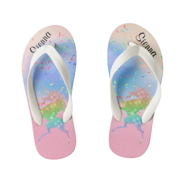 Kinder Glitzer Unicorn Personalisiert Flip Flops Kinderbadesandalen (Fußbett)