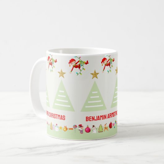 Kinder glücklich Elfs Weihnachtsbaum Gold Star Kaffeetasse (Vorderseite Links)