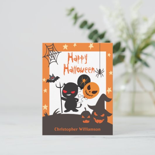 Kinder glücklich Halloween Orange Black Postcard Postkarte (Stehend Vorderseite)