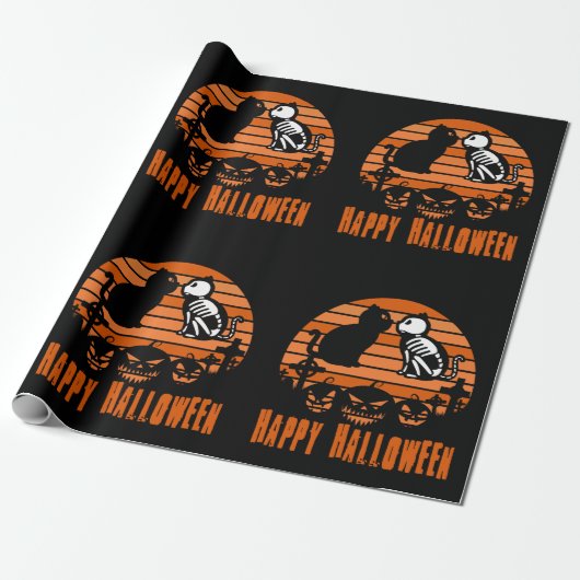 Kinder glücklich Halloween Skeleton Katze Retro So Geschenkpapier (Ungerollt)
