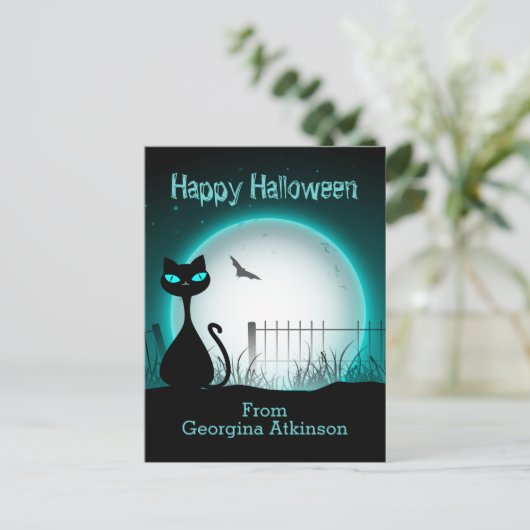 Kinder glückliche Halloween-Schwarzkatze Postkarte (Stehend Vorderseite)