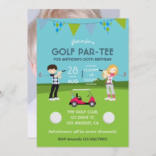 Kinder Golf Thema Geburtstagsparty Foto Einladung (Vorne/Hinten)