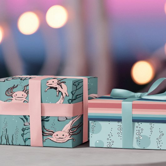 Kinder grün und rot rosa Unterwasser Axolotl Zeich Geschenkpapier