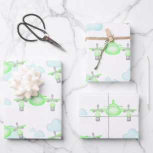 Kinder Grünes Flugzeug fliegen zum Geburtstag Geschenkpapier Set