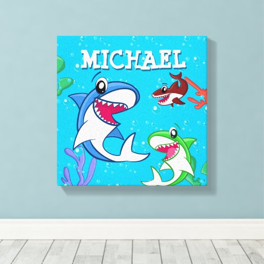 Kinder Hai Cartoon Unterwasser Blaues Meer Leinwanddruck (Insitu (Holzboden))