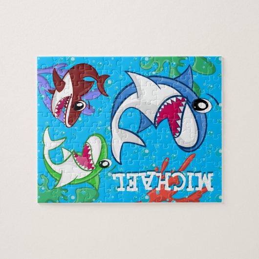 Kinder Haifischfisch Cartoon unter Wasser Blauer O Puzzle (Horizontal)
