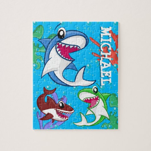 Kinder Haifischfisch Cartoon unter Wasser Blauer O Puzzle (Vertikal)