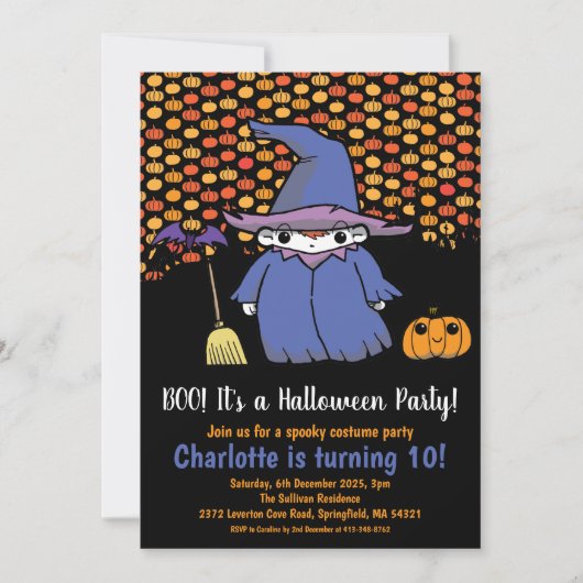 Kinder Halloween Hexenkürbis & Fledermäuse Geburts Einladung (Vorderseite)