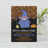 Kinder Halloween Hexenkürbis & Fledermäuse Geburts Einladung (Stehend Vorderseite)