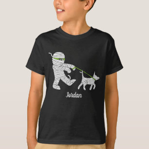 Kinder Halloween Mummy Boy Walking Dog T-Shirt