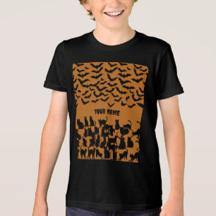 Kinder Halloween-Schwarze Katze und Fledermaus-Mus Tri-Blend Shirt