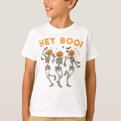Kinder Halloween Skeleton Pumpkin Kopf "Hey Boo!" T-Shirt (Vorderseite)