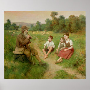 Kinder hören einem Hirten zu, der eine Flute spiel Poster