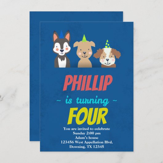 Kinder Hunde Haseltiere Cartoon Einladung (Vorne/Hinten)