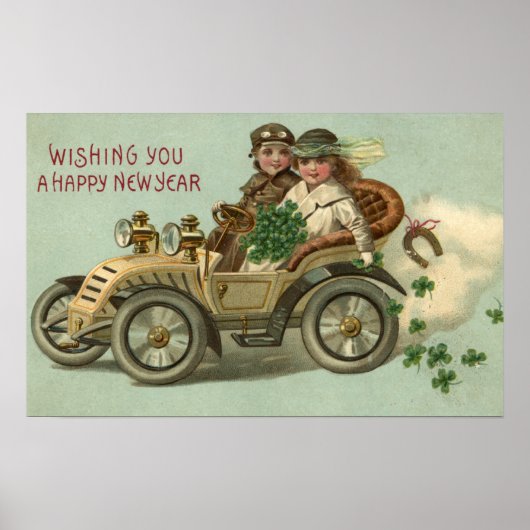 Kinder im Auto mit Kleeblättern Poster (Vorne)