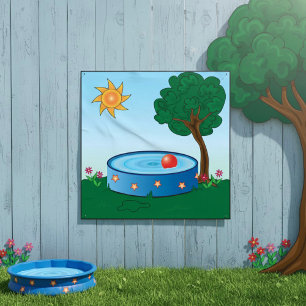 Kinder im Pool im Hinterhof mit Sonnenschein Baum Poster