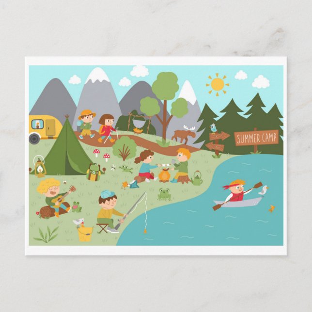 Kinder im Summer Camp Cartoon Postcard Postkarte (Vorderseite)