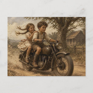 Kinder im Vintage-Stil fahren auf einem alten Moto Postkarte