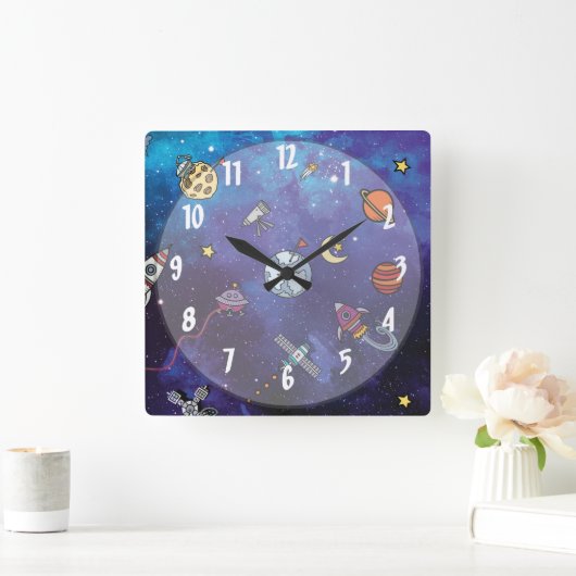 Kinder im Weltraum Quadratische Wanduhr (Zuhause)