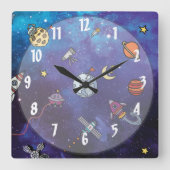 Kinder im Weltraum Quadratische Wanduhr (Vorderseite)