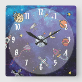 Kinder im Weltraum Quadratische Wanduhr