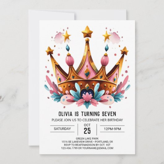 Kinder in Aquarellen Prinzessin Crown Geburtstag Einladung (Vorderseite)