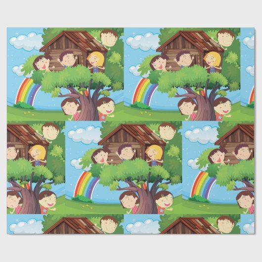 Kinder in einem Baumhaus Geschenkpapier (Flach)