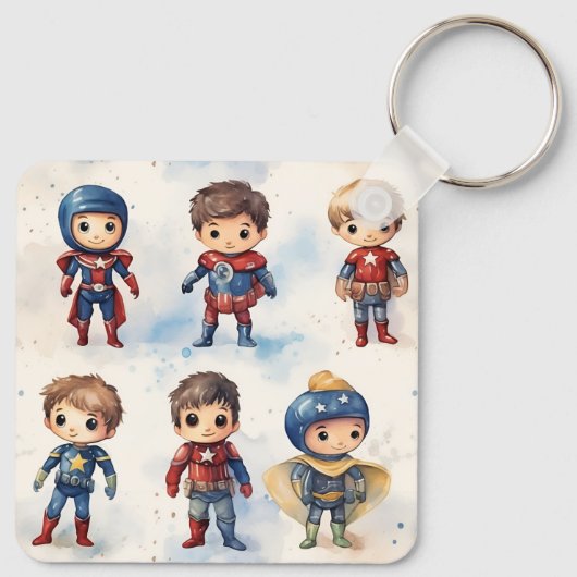 Kinder in Superhero-Outfits individuell anpassbar Schlüsselanhänger (Rückseite)