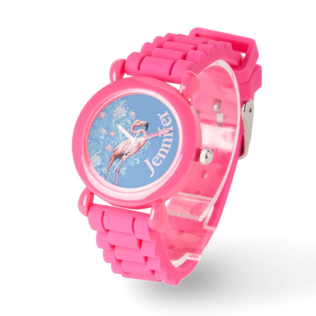 Kinder Individuelle Name Pink Flamingo Armbanduhr (Winkel)