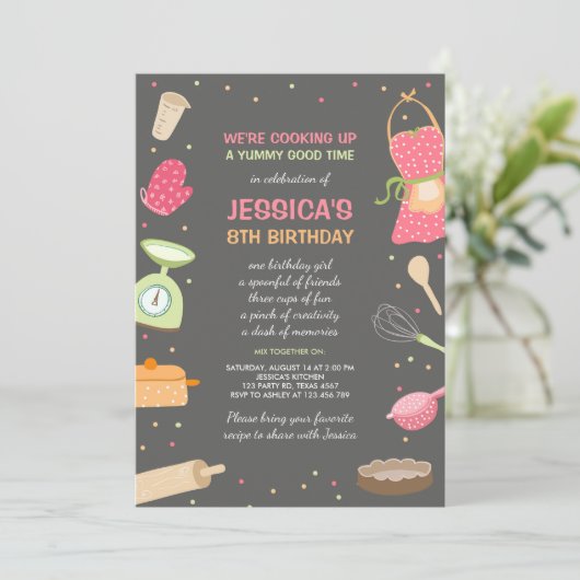Kinder Kochen Geburtstag Einladung Küche Backen (Stehend Vorderseite)