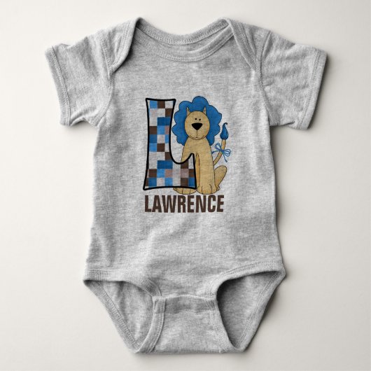 Kinder "L" Monogramm | Blue Patchwork Lion Baby Strampler (Vorderseite)