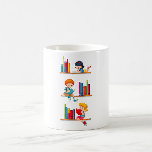 Kinder lesen Bücher auf einem Regal Kaffeetasse