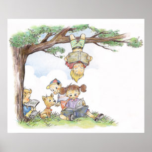 Kinder lesen unter einem Baum Poster