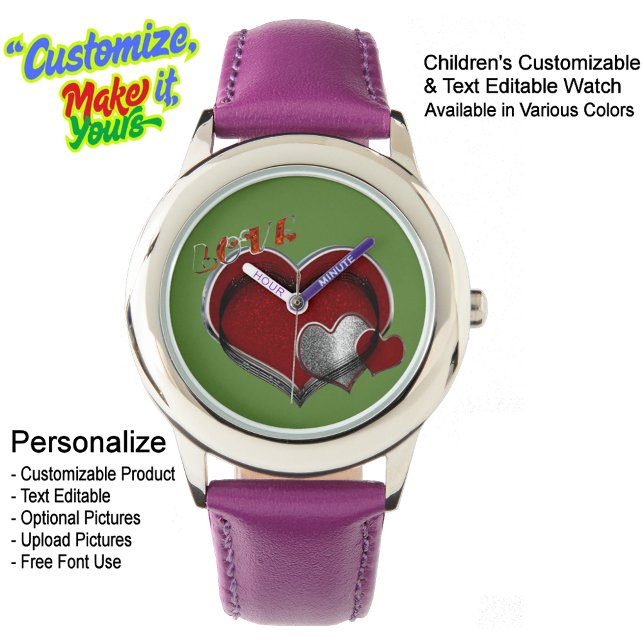 Kinder Lila Lederuhr aus Edelstahl Armbanduhr (Children's Stainless Steel Purple Leather Watch with a Green Face - Customizable & Text Editable.)