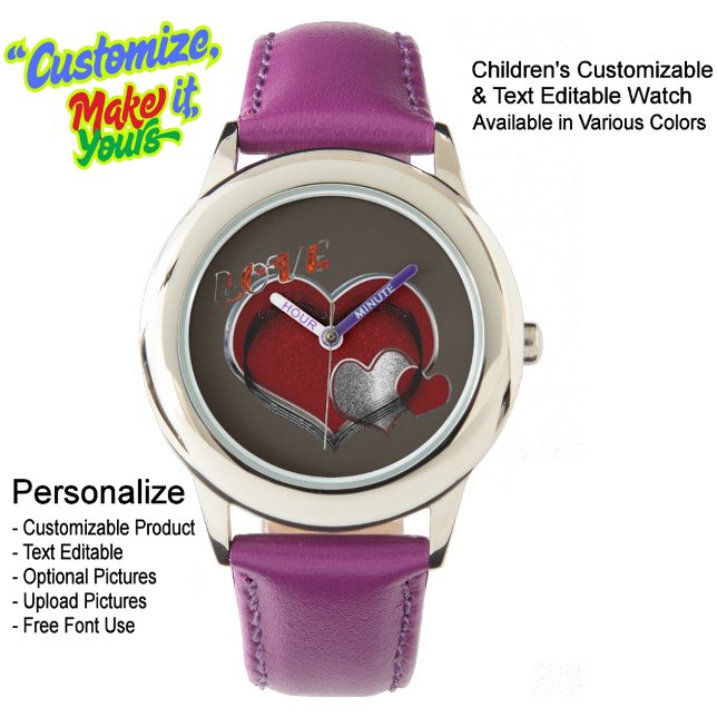 Kinder Lila Lederuhr aus Edelstahl Armbanduhr (Children's Stainless Steel Purple Leather Watch with a Brown Face - Customizable & Text Editable.)