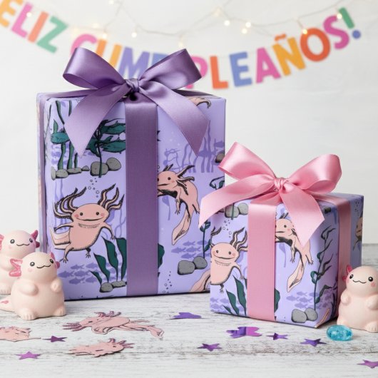 Kinder Lila und grün Unterwasser Axolotl Zeichnend Geschenkpapier
