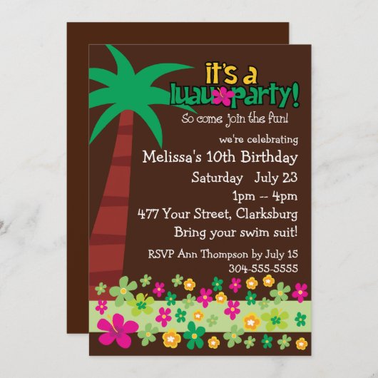Kinder Luau Einladung (Vorne/Hinten)