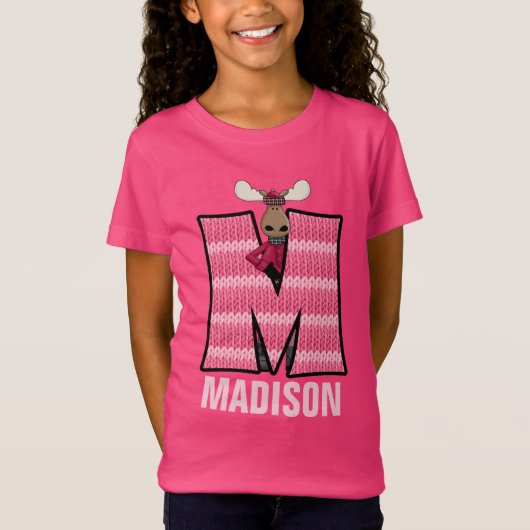 Kinder "M" Mit Monogramm | Rosa Strick Elch T-Shirt (Vorderseite)