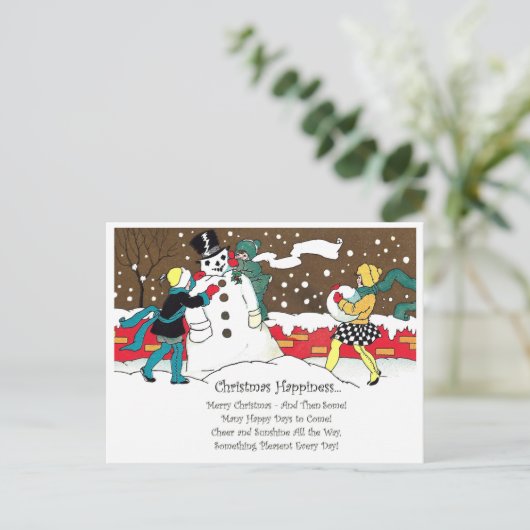 Kinder machen Schneemann mit Weihnachtslied Postkarte (Stehend Vorderseite)