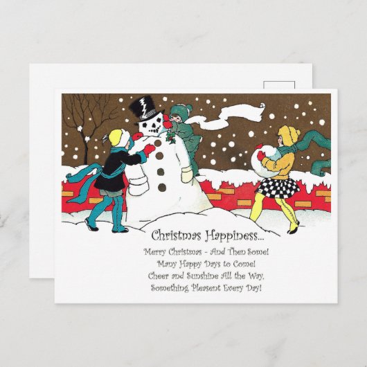 Kinder machen Schneemann mit Weihnachtslied Postkarte (Vorne/Hinten)