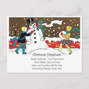 Kinder machen Schneemann mit Weihnachtslied Postkarte