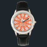 Kinder Mädchen Armbanduhr, orange und weiß Armbanduhr<br><div class="desc">Kinder der grafischen Kunst sehen mit einem einfachen weißen Schmetterling. Das Hotel ist ideal für Mädchen im Schulalter,  die lernen,  eine Uhr zu lesen,  als Funktionen sowohl von Minuten als auch von Stunden. Anpassen mit dem vollständigen Namen Ihres Kindes Beispiel liest Gemma Jackson.</div>