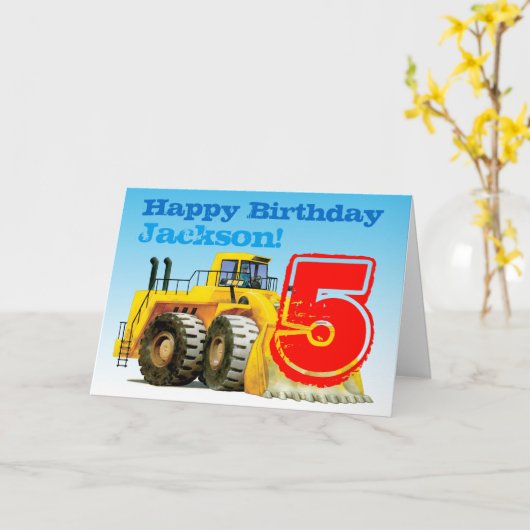 Kinder - Maßgeschneiderter BauDigger 5. Geburtstag Karte (Gelbe Blume)