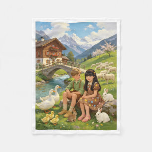 Kinder mit Bauernhoftieren Alpenlandschaft Fleece