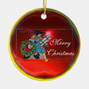 KINDER MIT CHRISTMAS GIFTS KERAMIKORNAMENT