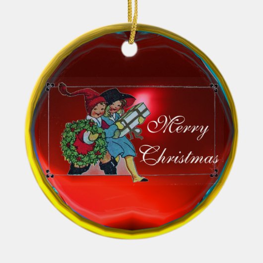 KINDER MIT CHRISTMAS GIFTS KERAMIKORNAMENT (Vorne)