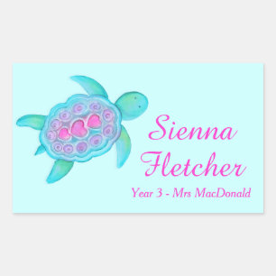 Kinder mit dem Namen ID turtle herzen Rosa Aqua-Au Rechteckiger Aufkleber